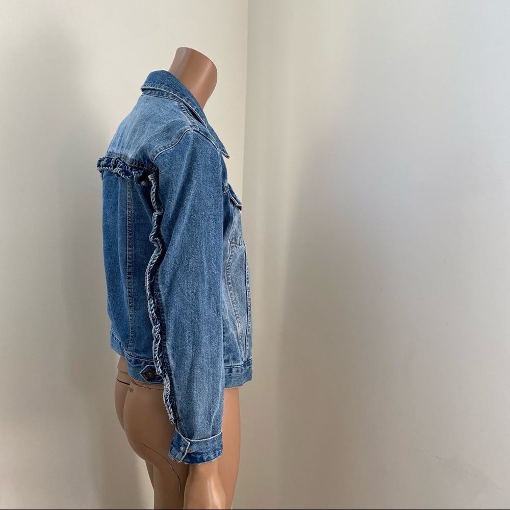 Sunset + Spring Ruffle Trim Blue Denim Jacket S - Picture 9 of 13